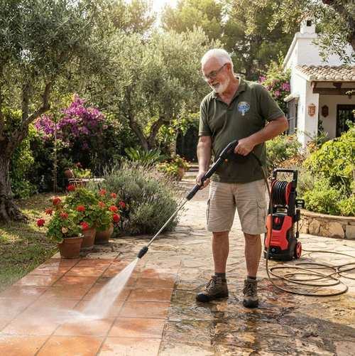 A property terrace being cleaned with a pressure washer